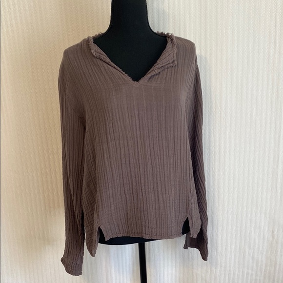 It is well L.A. Tops - It is Well L.A. Tunic Top Long Sleeve V-Neck Mocha Relaxed Raw Edge Gauzy Medium